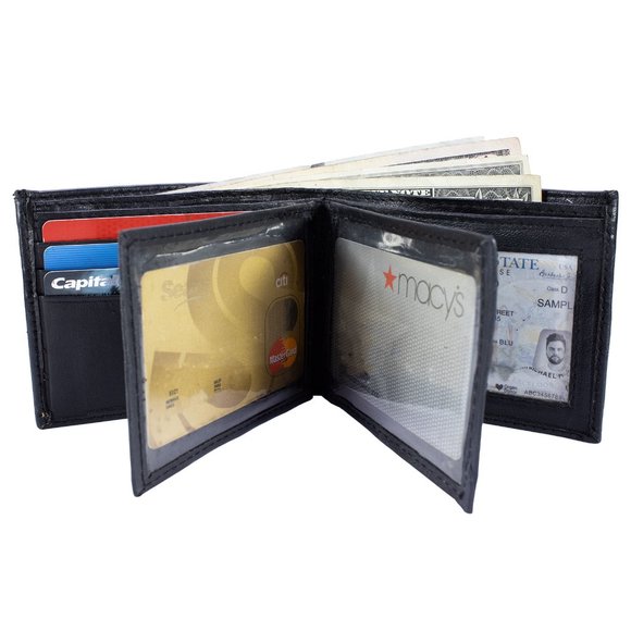 Men Lambskin Leather Wallet with Bifold 2 Center Flap, Black - Picture 3 of 13